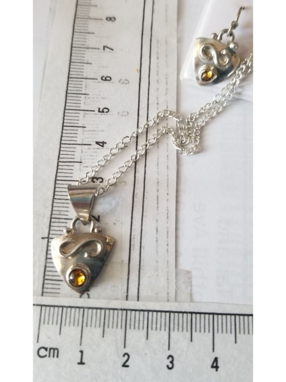 Necklace Earrings Set Triangle   Amber 16" Silver Chain weight 14.1 gr Jewelry